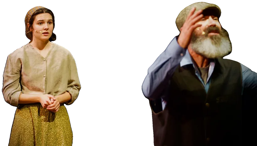 A daughter in a simple blouse and skirt clasps her hands and waits as Tevye, hand on his head, wrestles with a decision.
